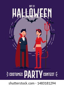 Halloween party poster or banner template. Halloween characters in Dracula and Red Devil costumes. Halloween eve celebration, Flat celebra cartoon character design.