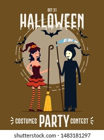 Halloween party poster or banner template. Halloween characters in Witch and Death with scythe costumes. Halloween eve celebration, Flat celebra cartoon character design.