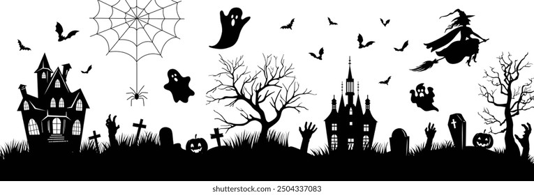 Halloween party poster or banner vector template. Halloween  pumpkin ghost, witch, bat, abandoned house, cemetery with graves, zombie hand. Halloween black and white silhouette, vector illustration.