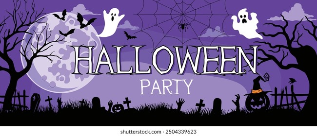 Halloween party poster or banner vector template. Halloween ghost full moon. Pumpkin ghost. Abandoned house. Bats. Cemetery with graves. Zombie hands. Halloween vector illustration.