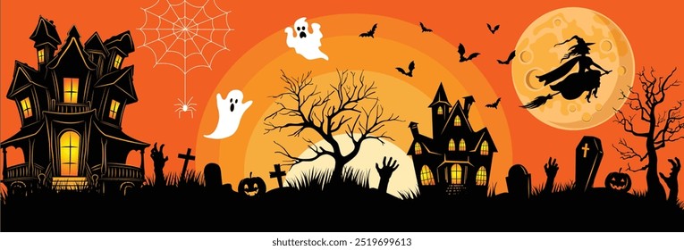 Cartaz de festa de Halloween ou modelo de vetor de banner. Fantasma de Halloween, fantasma de abóbora, bruxa, morcego, casa abandonada, cemitério com túmulos, mão zumbi. Ilustração do vetor de Halloween.