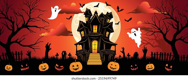 Cartaz de festa de Halloween ou modelo de vetor de banner. Fantasma de Halloween, fantasma de abóbora, lua cheia, morcego, casa abandonada, cemitério com túmulos, mão zumbi. Ilustração de vetor de Halloween