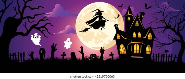 Halloween party poster or banner vector template. Halloween ghost, pumpkin ghost, full moon, bat, abandoned house, cemetery with graves, zombie hand. Halloween vector illustration