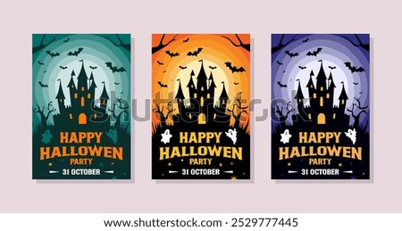 Halloween party poster or banner vector template. Halloween ghost, full moon, bat, abandoned house. Halloween vector illustration