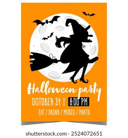 Halloween party poster or banner with witch flying on her broom and bats against the full moon. Vector invitation for scary and horror event to celebrate the All Saints' Eve.