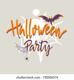 Halloween party poster with bat and web. Holiday lettering.