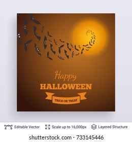 Halloween party poster. Bats flying in perspective to full Moon. Vector layered background with text block.