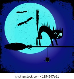 A Halloween party poster with a black cat on a witch's broom. Editable banner design template.