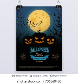 Halloween party poster. Burning lanterns and full Moon. Vector layered background with text block.