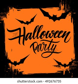 Halloween party poster with calligraphic elements and brush stroke background. Hand drawn lettering. Vector illustration.