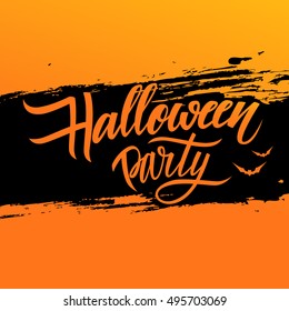 Halloween party poster with calligraphic elements and brush stroke background. Hand drawn lettering. Vector illustration.
