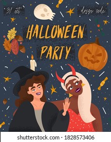 Halloween party poster in cartoon style. Bright festive vector autumn blue poster with female student friends of different races in witch and devil costumes and pumpkin, leaves, candy, candle. 