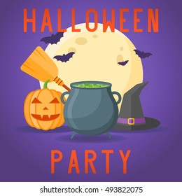 Halloween party poster with cauldron with potion, witches hat, broom, pumpkin, full moon and bats on dark purple background. Vector illustration.