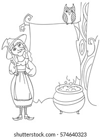 Halloween party poster. Coloring page in doodle style, hand drawing. Post card. Black and wight.