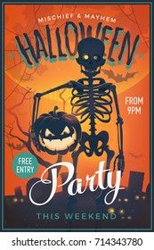 Halloween Party poster. Cool vector Happy Halloween banner or flyer template with spooky skeleton character holding lit up pumpkin lantern