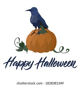 Halloween party poster. Crow on pumpkin. Vector illustration.