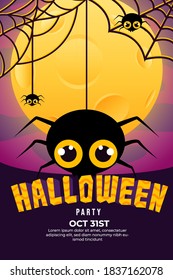 Halloween Party Poster with cute Big Spider and cobweb on a full moon at night.can use for poster, flyer, web design, invitation, greeting card