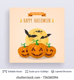 Halloween party poster. Cute lantern pumpkins and bats. Vector layered background with text block.