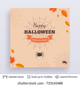 Halloween party poster. Cute spiders in web framed with autumn leaves. Vector layered background with text block.
