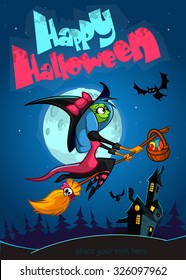 Halloween party poster with cute witch flying on her broom. Vector illustration