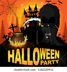 Halloween Party Poster with dark reaper. Vector illustration.