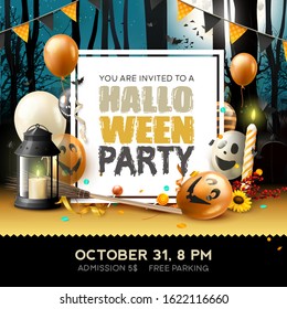 Halloween party poster with decorations in front of a night landscape