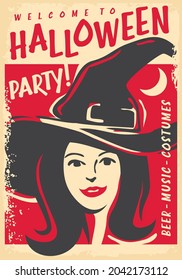 Halloween party poster design with beautiful comic style witch girl. Halloween invitation banner. Pretty woman in witch hat and costume vector vintage illustration.