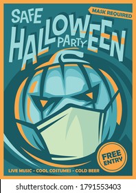 Halloween Party Poster Design With Big Pumpkin Wearing The Covid Mask. Vector Holiday Invitation Image.