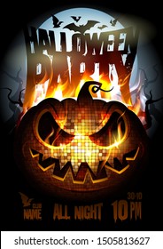 Halloween party poster design with burning in flame angry pumpkin