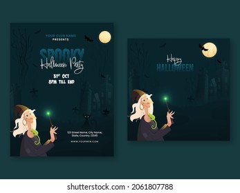 Halloween Party Poster Design With Cartoon Witch Doing Magic On Full Moon Cemetery Teal Background In Two Option.