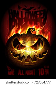 Halloween party poster design concept with burning angry pumpkin, fire flame, copy space for text