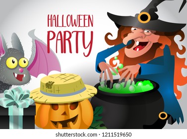 Halloween party poster design. Creepy old witch, bat pumpkin and present box on white background. Template can be used for flyers, banners, invitation cards