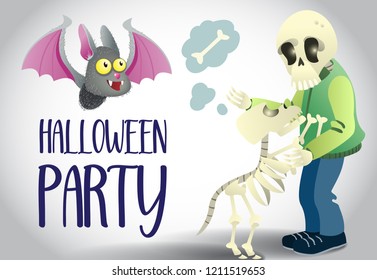 Halloween party poster design. Cute cartoon bat and human and dog skeletons on white background. Template can be used for flyers, banners, invitation cards