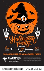 Halloween party poster design, flyer or invitation with Pumpkin Lantern Jack in carnival witch hat. Halloween party banner design template.