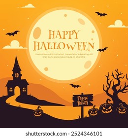 Halloween Party Poster Design with Full Moon, Pumpkins, and Bats