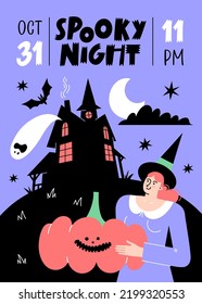 Halloween party poster design with girl in witch hat. Vector illustration