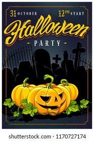 Halloween Party Poster Design with hand-drawn calligraphy. Pumpkins on front and old graveyard on back. Retro style party poster template.