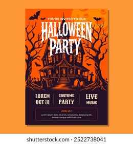 Halloween Party Poster Design com a casa assombrada e árvores assustadoras