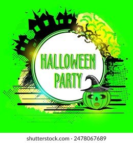 Diseño de póster de fiesta de Halloween con jack-o-lantern en sombrero de bruja, casa embrujada sobre fondo verde abstracto.