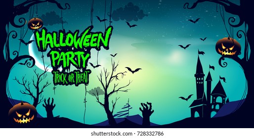 Halloween Party Poster design, night background with creepy pumpkins, illustration. vector elements for banner, greeting card Halloween celebration.