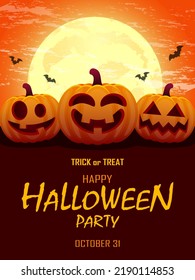 Halloween party. Halloween poster design with pumpkins, bats and full moon. Flyer template vector