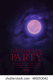 Halloween party poster design with red full moon, clouds, zonbie hands. Vector illustration