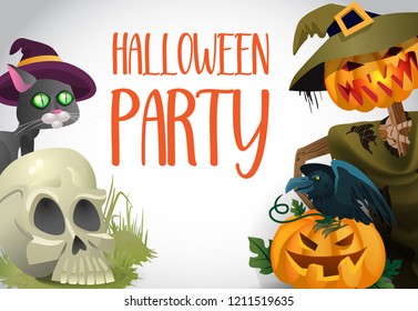 Halloween party poster design. Spooky pumpkins, crow, black cat in witch hat, scull on white background. Template can be used for flyers, banners, invitation cards