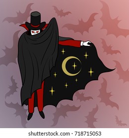 Halloween Party Poster. Design template with dracula, bet and place for text logo design. Stamp for a scary holiday celebration. Print on t-shirt, tee, poster, clothes, pins, badges and stickers.