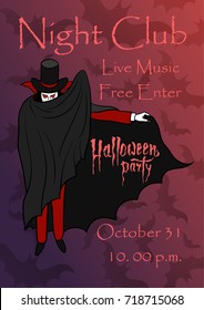 Halloween Party Poster. Design template with dracula, bet and place for text logo design.Stamp for a scary holiday celebration. Print on t-shirt, tee, poster, clothes, pins, badges and stickers.