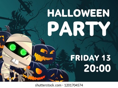 Halloween party poster design. Zombie and scary pumpkins with church in background. Template can be used for flyers, banners, invitations