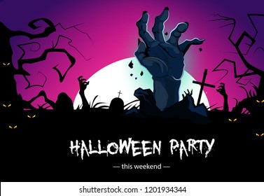 Halloween party poster design with zombie hands. Creative lettering with zombie hands from grave, yellow scary eyes and full moon. Can be used for invitations,posters,leaflets
