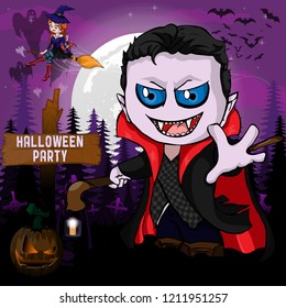 Halloween Party Poster with Dracula. Vector illustration.