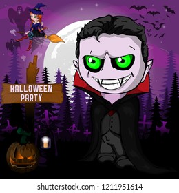Halloween Party Poster with Dracula. Vector illustration.