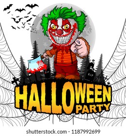 Halloween Party Poster with evil clown on a white isolated background. Vector illustration.